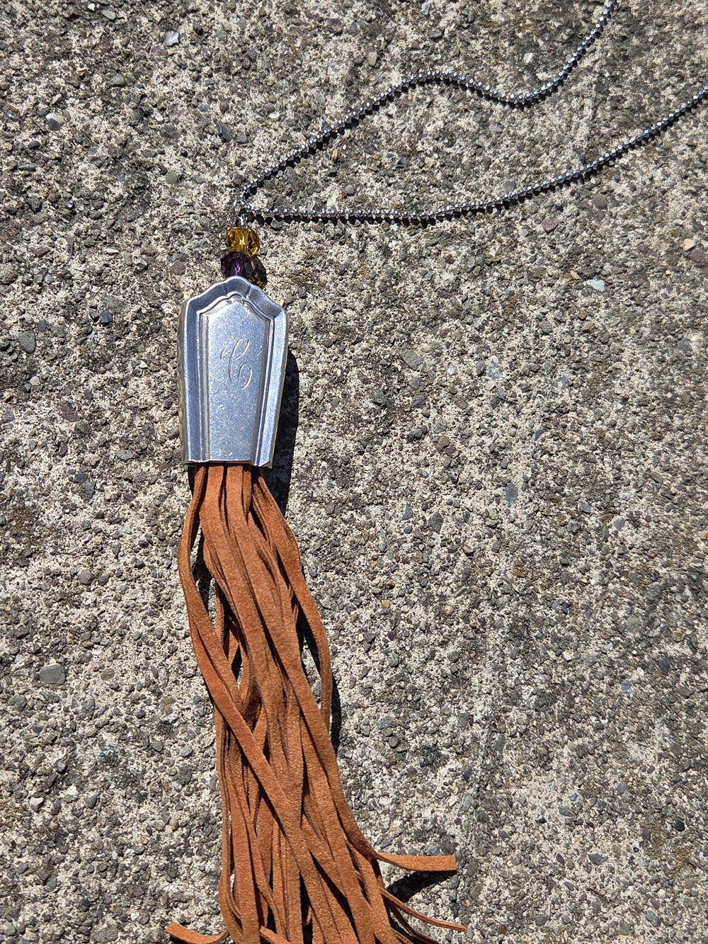 Handmade Silverplated Tassel Necklace with Brown Suede Fringe